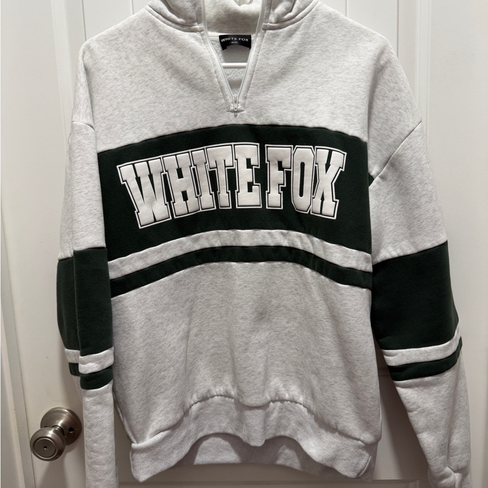 White Fox Boutique Gray and Dark Green Half-Zip Sweatshirt